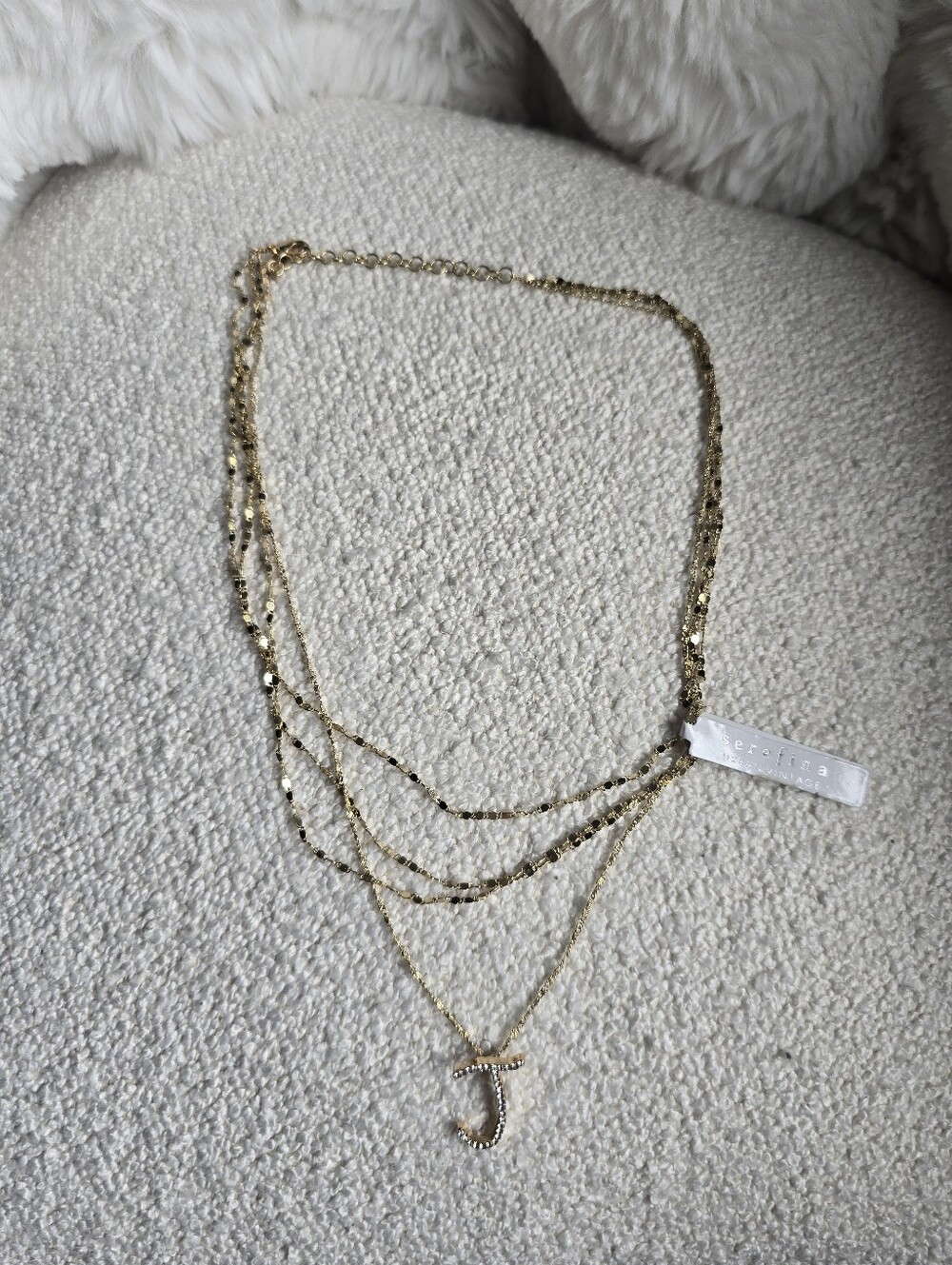Serefina × Anthropologie, Multi-Strand Layered Necklace, Gold/Pave 'J' ,MSRP $44